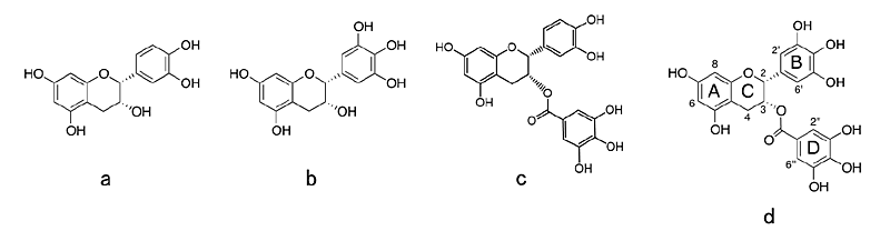 図1. 緑茶葉に含まれる主要カテキン類。a: (-)-epicatechin (EC)、b: (-)-epigallocatechin (EGC)、c: (-)-epicatechin-3-O-gallate (ECG )、d: (-)-epigallocatechin-3-O-gallate (EGCG)