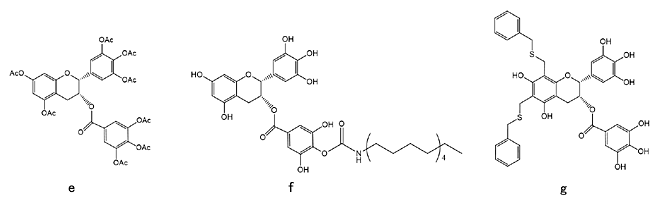 図3. EGCGアセチル体（e）、EGCG芳香環修飾体（f）、EGCGアルキル修飾体（g）の構造